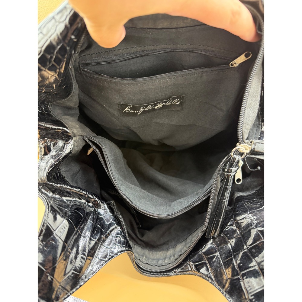 Beverly Hills Polo Club Black Jacquard Hobo Bag Croc Embossed Studded Trim - Picture 6 of 8